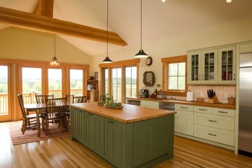 Fototapeta premium Green Kitchen Island with Wood Countertop and Wooden Beams