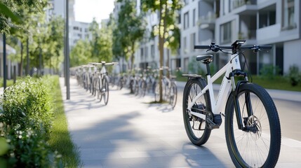 Fototapeta premium A row of electric mountain bikes basking in the summer sun on a modern city sidewalk with bike parking in the background