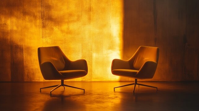 Two chairs facing each other in a modern podcast studio, warm tones and ambient lighting, ideal for media use with extra copy space.