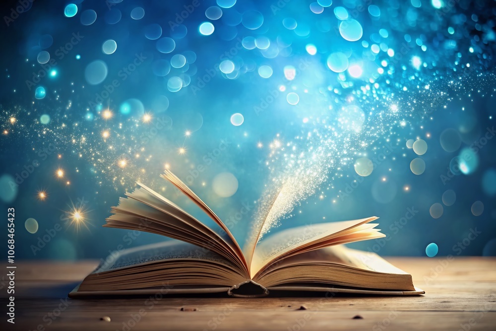 Poster enchanted pages: a tilt-shift journey through an open book surrounded by shimmering particles in a s
