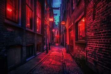 Narrow cobblestone street is shining red from neon lights and signage at night in amsterdam, netherlands