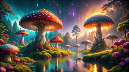 Enchanted Rainy Fantasy Landscape with Melting Giant Mushrooms and Lush Greenery for Captivating Portrait Photography