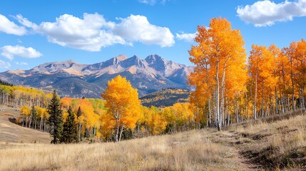 Fototapeta premium Explore the stunning autumn landscape filled with vibrant orange and yellow trees under a clear blue sky