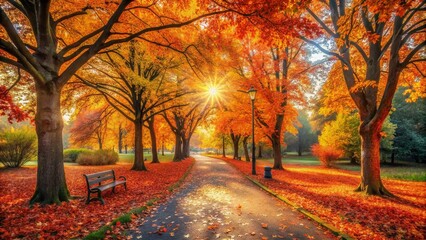 Enchanting Autumn Leaves in the Park - Panoramic View of Fall Foliage, Vibrant Colors, Scenic Landscape, Tranquil Nature, Golden Hour, Serene Pathways, Seasonal Beauty