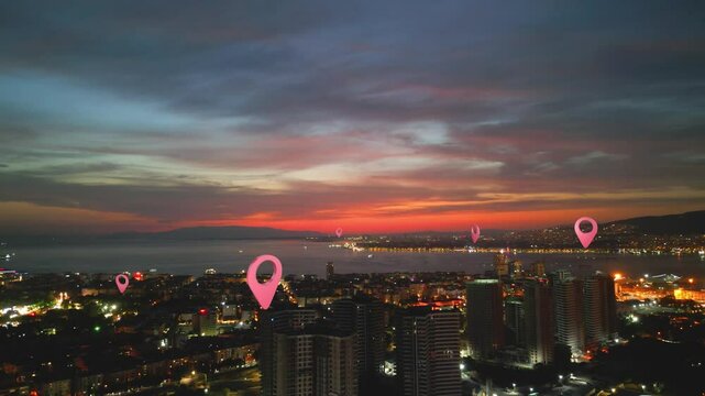 Aerial view of a modern city and lots of location pins. Location information. GPS. High quality 4k footage