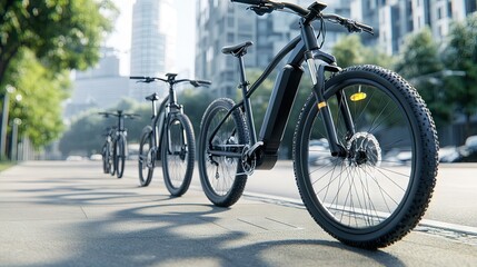 A row of electric mountain bikes parked on a sunny city sidewalk on a vibrant summer day