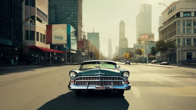 Classic black green car drives down vintage empty la city street, nostalgia. Retro vibe. Historic buildings line road. Mid-century America. Old fashioned classical automobiles style.
