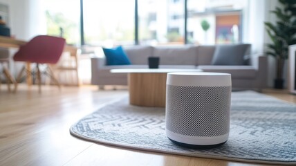 Modern living room with sleek smart speaker on rug