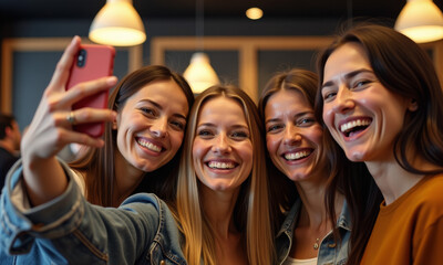 Fototapeta premium Four Women Sharing a Joyful Selfie Moment
