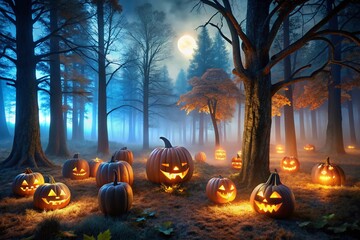 Enchanting Halloween Night: Spooky Pumpkins Illuminating a Mysterious Forest in 3D