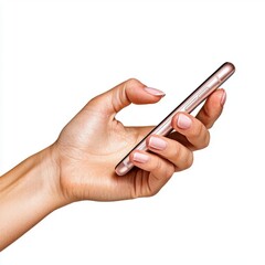 Fototapeta premium A photostock of a woman's hand holding a smartphone, isolated on white background, High Quality