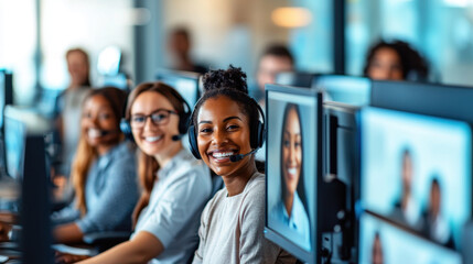 A diverse group of cheerful customer service representatives in a modern office environment, emphasizing teamwork and communication.
