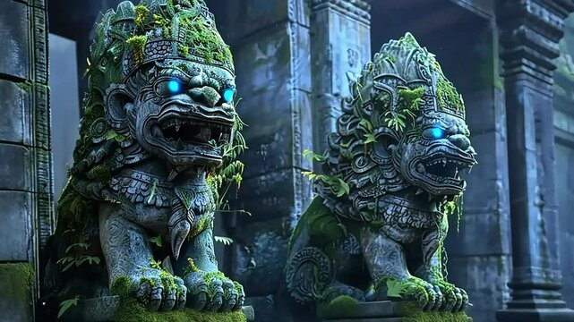 Two Moss Covered Stone Statues Guarding the Entrance to an Ancient Temple, Mythical Lions