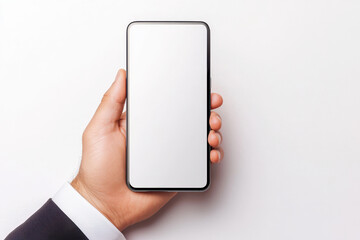 A hand holding a blank smartphone on a clean background, perfect for technology and business concepts.