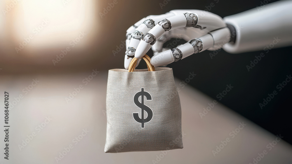 Poster a robotic hand holding a small shopping bag with a dollar sign, symbolizing automation and commerce.