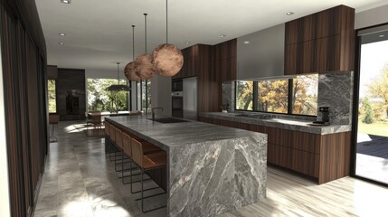 Modern Kitchen with Large Island and Stone Countertops