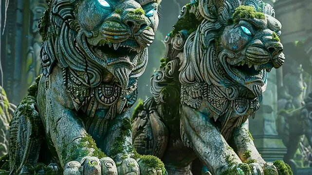 Two Moss Covered Stone Statues Guarding the Entrance to an Ancient Temple, Mythical Lions