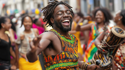 Vibrant street festival captures Black travelers dancing with joy, embodying cultural expression, energy, and the spirit of celebration with music and togetherness