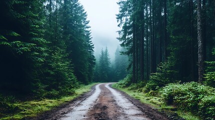 Fototapeta premium Explore the serene pathway through the enchanting forest landscape on a foggy morning