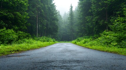 Fototapeta premium Explore the tranquil beauty of a misty road surrounded by lush green forests