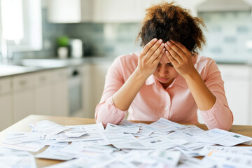 A woman experiences stress amidst a mess of bills and paperwork in a cozy kitchen, reflecting a common financial struggle.