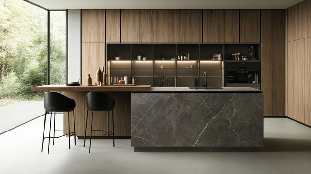 Modern Kitchen Island with Marble Countertop and Black Stools