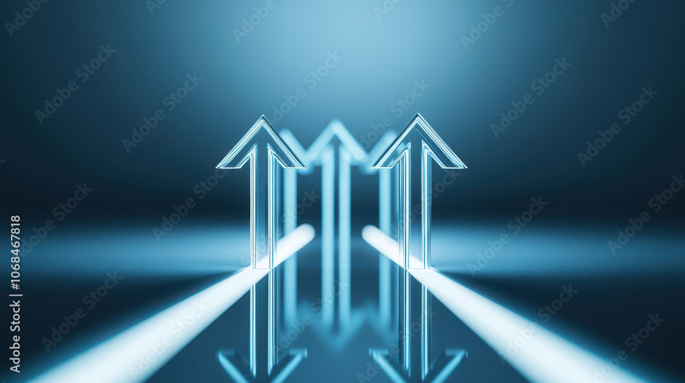 Poster abstract concept of growth and progress with glowing arrows pointing upward in a futuristic style.
