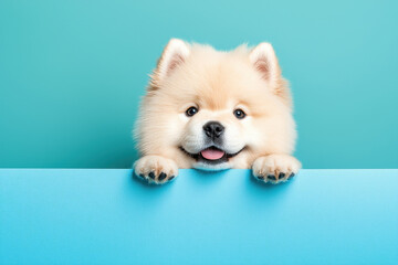 A cute happy fluffy Chow Chow puppy peeking over a blue surface with a joyful expression against a vibrant mint background.