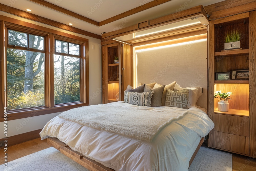 Poster a compact bedroom with a murphy bed that folds into a stylish wall unit with built-in storage and li