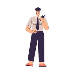Policeman Character in Uniform with Tie Standing with Walkie-Talkie Vector Illustration