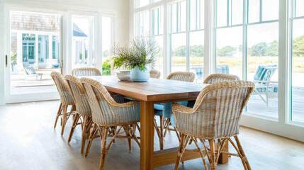Bright and airy dining room featuring a wooden table surrounded by wicker chairs, with large windows providing a scenic view.