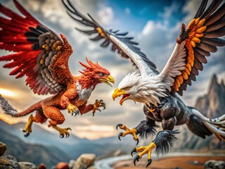 Epic Air Battle: Red Dragon vs Black and White Eagle in Tilt-Shift Photography