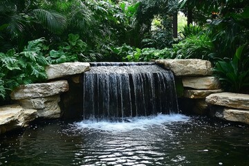 Naklejka premium Tranquil Oasis: A Serene Waterfall Surrounded by Lush Greenery, Perfect for Relaxation and Nature Appreciation