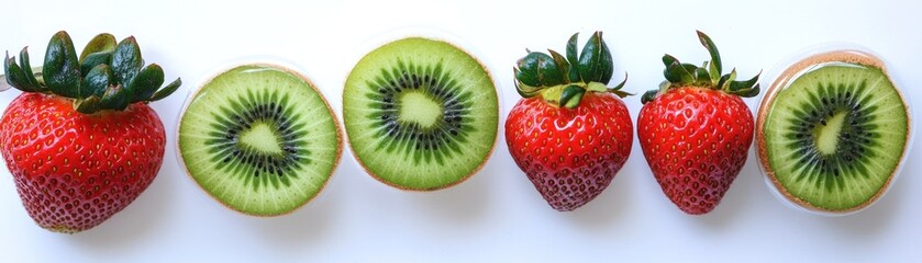 A colorful arrangement of strawberries and kiwi slices on a white background.