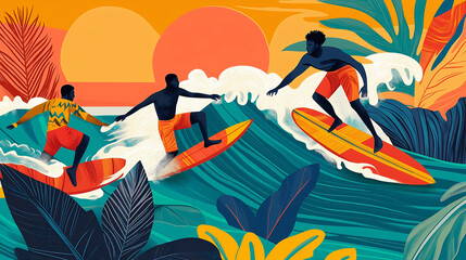 Three Black surfers skillfully ride the bright waves at an exotic beach, surrounded by lush tropical foliage and a stunning sunset, showcasing energy and excitement