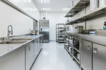 Modern commercial kitchen featuring stainless steel countertops, storage racks, and ample workspace for culinary tasks.