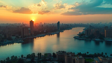 Fototapeta premium Scenic view of river at sunset, with buildings and colorful sky