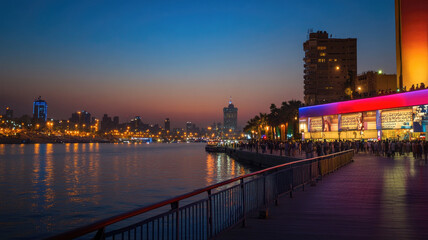 Fototapeta premium Evening cityscape with lit-up walkway by waterfront showing people, building lights, and colorful signs