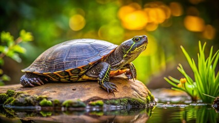 Obraz premium European Pond Turtle Macro Photography on Stone in Park, Nature Close-Up, Wildlife, Emys Orbicularis, Reptile Habitat, Freshwater Ecosystem, Natural Environment, Conservation, Biodiversity