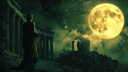 Woman in ancient garb gazes at large full moon amidst classical ruins