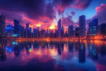 Obraz premium Stunning Cityscape at Dusk: Vibrant Skyscrapers Reflecting in Water Under a Dramatic Sky of Fiery Sunset Hues and Illuminated Urban Lights