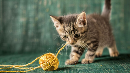 A cute tabby kitten plays with a ball of yarn. The kitten is in the foreground and the ball of yarn is in the background.