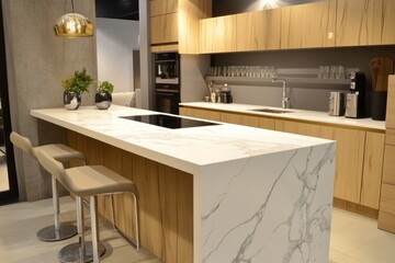 Modern Kitchen Island with Marble Countertop and Wooden Cabinets