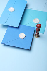 Floating Envelopes with wax seals and cards, vintage stamp on blue background. Gift certificate,...