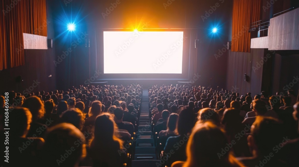 Wall mural Packed theater with audience watching bright screen, light dimmed for viewing