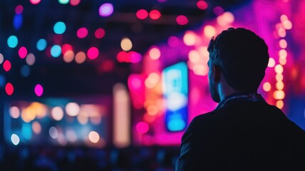 Man in silhouette, colorful lights and bokeh background