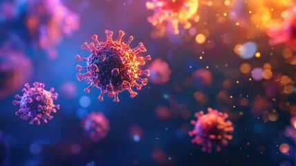 Colorful microscopic view of virus particles with vibrant background