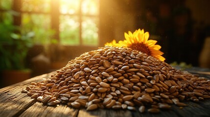 Obraz premium a rustic pile of sunflower seeds arranged artfully on a textured wooden table, evoking a sense of harvest and natural beauty in a warm, inviting atmosphere