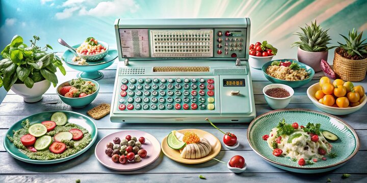 Vintage Punch Card Computer with Colorful Food Spread: A Creative Fusion of Culinary Art and Computing History for Stock Photography
