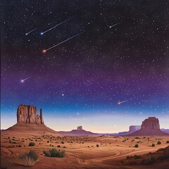 Moonlit Desert with Starry Sky, Shooting Stars, and Purple and Blue Horizon